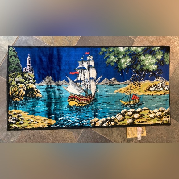 Vintage Tapestry Sailing Ship Barque Made In Italy Ramallah Trading New York